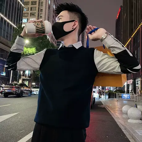 2023秋冬条纹拼接衬衫领假两件毛衣潮牌高级休闲针织衫打底衫上衣商品大图