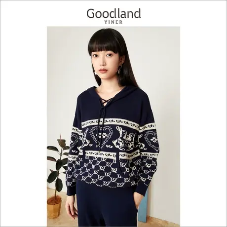 代退-音儿美地女装2022秋季新款慵懒风连帽毛衣女提花针织衫商品大图