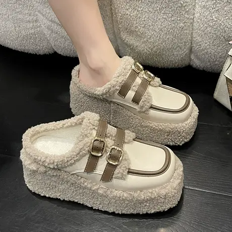 羊羔毛绒包头半拖鞋女外穿秋冬季高级感坡跟增高跟鞋厚底毛毛拖鞋商品大图