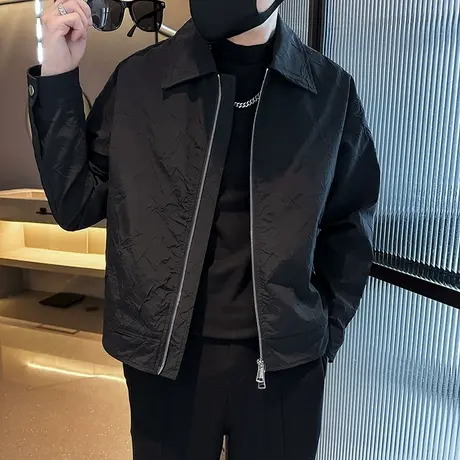2023男秋款外套翻领韩版修身休闲简约百搭夹克潮流男士帅气小外套图片