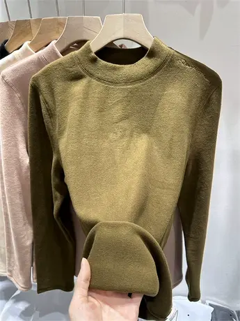 欧货双面德绒保暖半高领针织T恤女2023秋冬新款刺绣内搭打底衫女商品大图