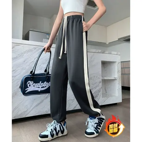 唐狮侧边白条纹运动裤女秋冬款休闲裤宽松拼接长裤子束脚加绒卫裤商品大图