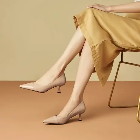 牛皮真皮新款高跟鞋女细跟职业亮皮光面法式尖头工作鞋单鞋5.5CM图片