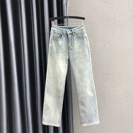 23秋冬新款浅蓝色设计感时尚百搭加绒加厚牛仔阔脚拖地直筒长裤女图片