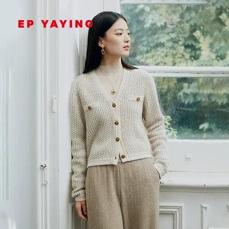 EP YAYING雅莹女装绵羊毛小香风牛角扣肌理感针织衫23秋新款9119A图片