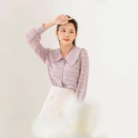 桔熊春秋季韩版气质微透长袖娃娃领上衣衬衫女胖妹妹大码AB16439图片