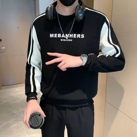 潮牌卫衣男秋冬新款拼色条纹小众设计感个性痞帅加绒内搭长袖T恤商品大图