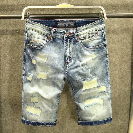夏季蓝色破洞牛仔短裤男修身潮乞丐五分裤子韩版青年个性中裤薄款图片