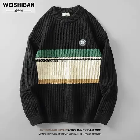 美式休闲圆领毛衣男秋冬季2023新款简约纯色微宽松套头保暖针织衫商品大图