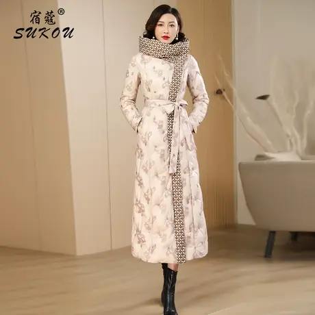 米粉色长款拼接连帽羽绒服女2024新款气质收腰显瘦长款白鸭绒外套图片