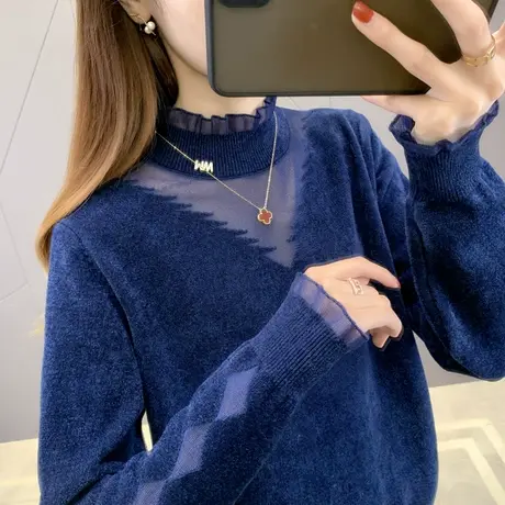 2024年新款打底衫女洋气内搭蕾丝拼接半高领女士毛衣秋冬宽松外穿图片