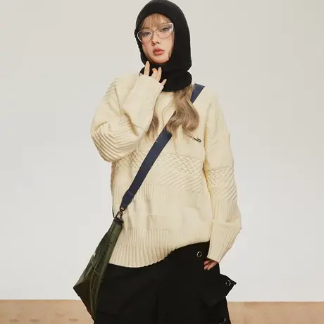 潮牌纯色麻花毛衣女秋冬2023年新款复古慵懒风宽松无帽针织衫上衣图片