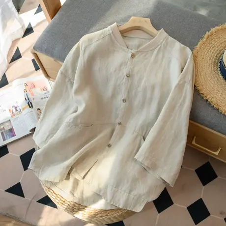 棒球服领亚麻上衣女七分袖文艺复古棉麻衬衫休闲百搭2024春夏新款图片