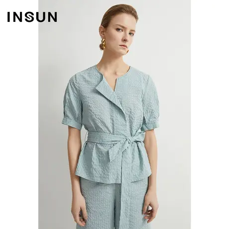 恩裳夏季莫代尔条纹小褶修身短袖衬衫商品大图