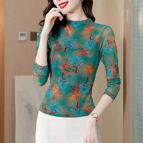 复古时尚妈妈装加绒加厚半高领打底衫女气质减龄网纱T恤上衣长袖商品大图