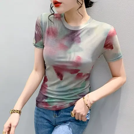 晕染印花上衣女2024夏天新款时尚洋气网纱T恤短袖修身圆领体恤衫商品大图