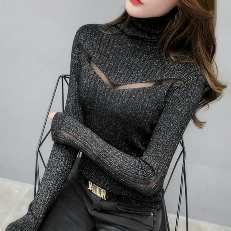 性感透视打底衫女秋冬紧身内搭高领毛衣黑色洋气网纱拼接针织上衣商品大图