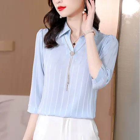 中袖雪纺衬衫女2023年新款洋气时尚秋夏季欧货小衫七分袖半袖上衣商品大图
