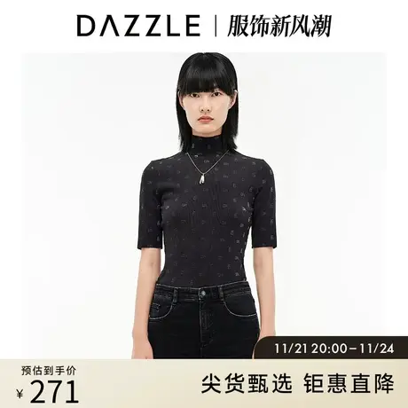 DAZZLE地素奥莱 黑色老花印花打底衫短袖T恤女2D4B4011A图片