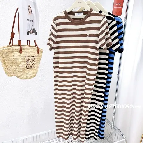 韩国东大门夏款冰丝针织连衣裙高级感条纹长款过膝短袖T恤裙内搭图片