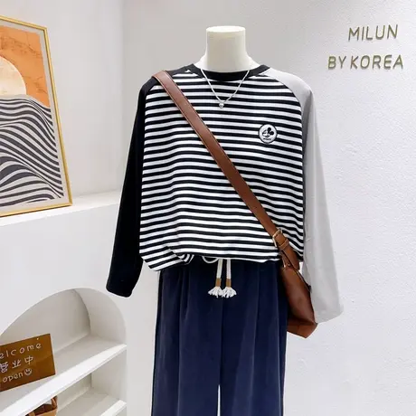 韩代同款长袖上衣~秋冬新款条纹拼接德绒T恤双面绒打底衫大码欧货图片