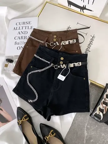 两粒扣牛仔短裤女2023春夏新款显瘦百搭字母腰带小个子高腰阔腿裤图片