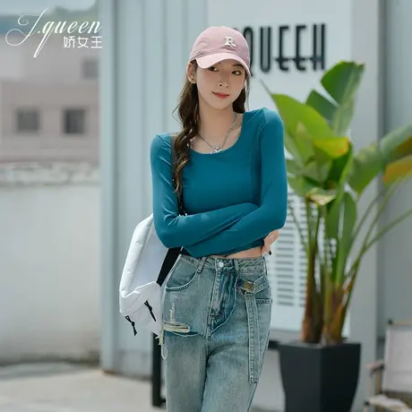 长袖t恤女2024春季新款百搭时尚显白内搭打底衫紧身短款露脐上衣图片