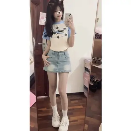 大码胖mm插肩撞色短袖女夏季纯棉正肩t恤短款设计感小众上衣服潮商品大图