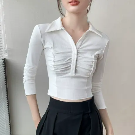 法式小香风翻领长袖T恤女装小众早秋疏离感穿搭欧货洋气减龄上衣图片