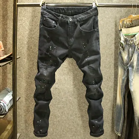 秋季黑色泼墨修身牛仔裤男士破洞显瘦小脚裤高街潮牌痞帅男裤子厚商品大图