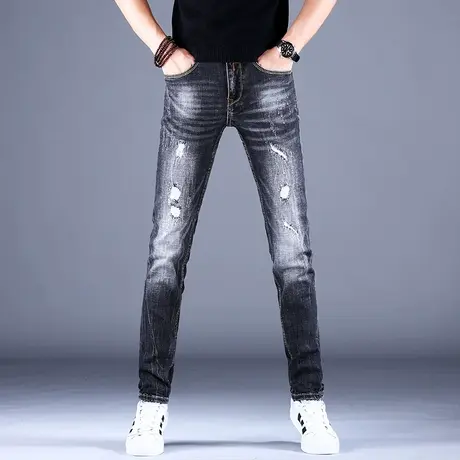 男士破洞牛仔裤男秋冬2023新款磨白做旧青年修身小脚休闲长裤潮牌商品大图