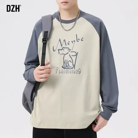 男士拼接纯棉长袖t恤男春秋季美式圆领卫衣男款宽松男装2024新款商品大图