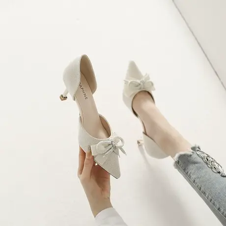 法式气质中空高跟鞋女2024年春季新款性感蝴蝶结水钻尖头细跟单鞋商品大图