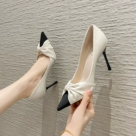 拼色高跟鞋女细跟2024年秋季百搭新款皱面尖头名媛设计感工作鞋图片