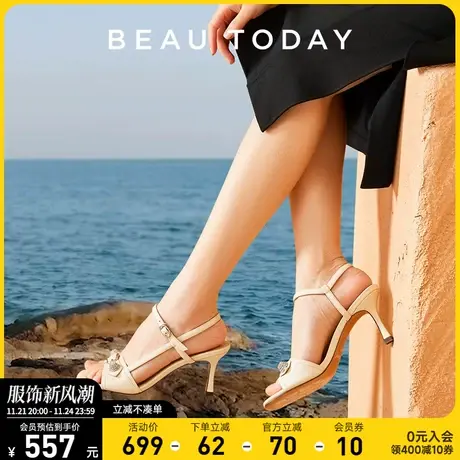 BeauToday一字带高跟凉鞋女BT春夏新款方头摩登细跟高跟鞋小个子商品大图