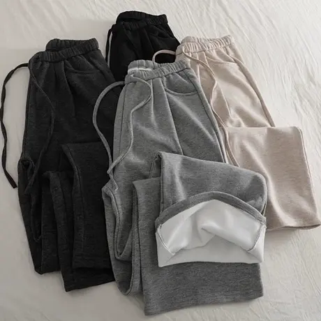 冬季加绒保暖直筒阔腿裤女韩版百搭洋气时髦宽松高腰休闲拖地长裤商品大图