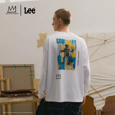 【Basquiat联名】Lee24春季新品舒适版圆领大印花白色男长袖T恤潮图片