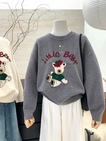 小熊提花减龄加厚圆领针织衫毛衣女2024冬季新款保暖针织百搭上衣图片