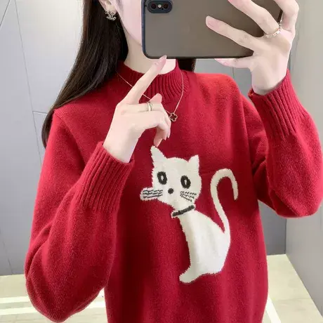 半高领加厚红色毛衣女款2024新款秋冬爆款冬季内搭打底衫时尚洋气商品大图