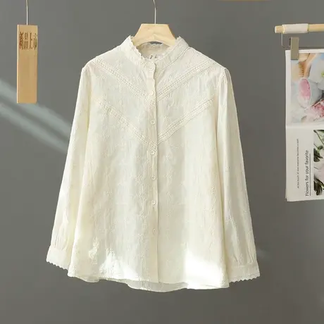 法式立领蕾丝边杏色衬衫女长袖百搭简约2024新款春季白色衬衣上衣商品大图