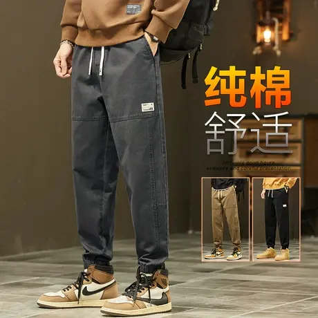 春秋款男生高级感拼接纯棉束脚九分休闲裤子春季男款日系港风工装商品大图