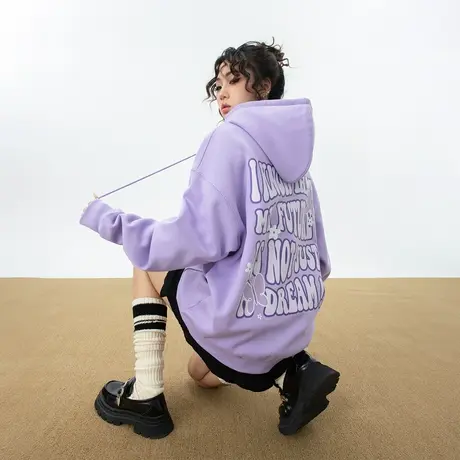 YEP复古加绒连帽卫衣女秋冬2023新款印花情侣装宽松oversize外套图片