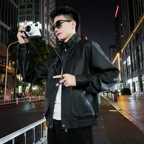 皮衣外套男春季新款潮牌美式复古宽松痞帅高级感立领机车服皮夹克商品大图