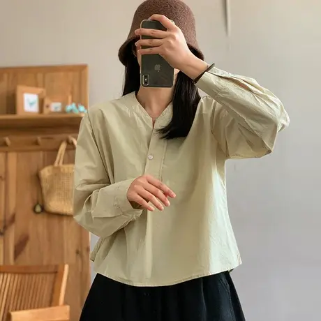 dza 复古设计感纯色全棉衬衫女2024春季新款立领衬衣宽松休闲上衣图片