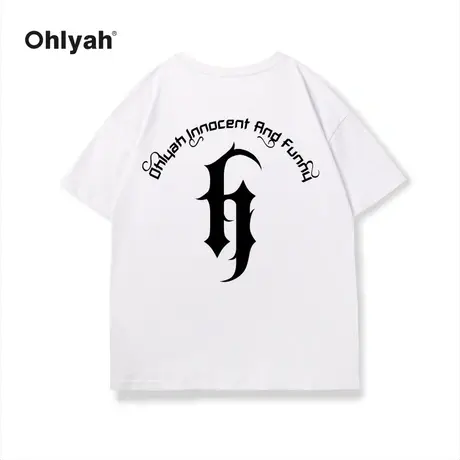 Ohlyah美式哥特印花字母白色短袖T恤男女同款圆领纯棉潮牌上衣图片