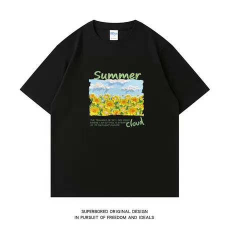 ins港风夏日花朵印花纯棉短袖T恤男女夏季青少年宽松半袖体恤上衣图片