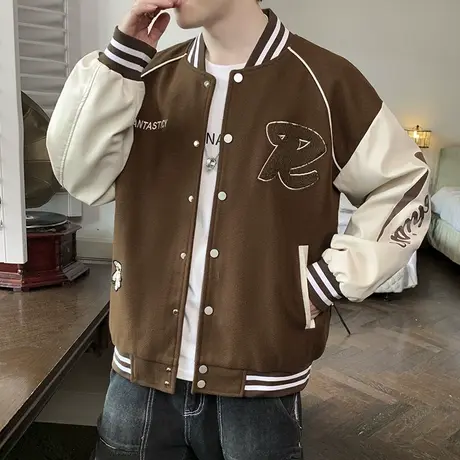 咖啡色夹克外套男士宽松上衣服棒球服男生男装秋季2023新款春秋款图片