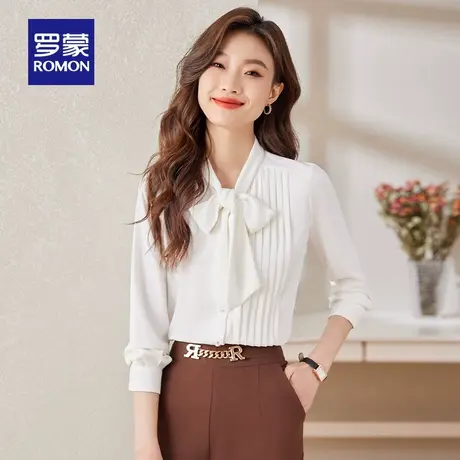 罗蒙女士气质长袖衬衫2024春季新款大气时尚百搭显瘦蝴蝶领衬衣女图片