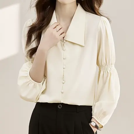 【3月4春新品8折】法式复古V领泡泡袖衬衫设计感长袖百搭衬衣上衣图片