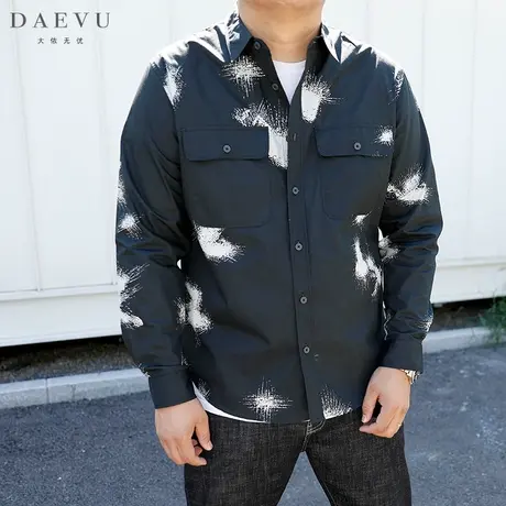 春秋新款深蓝花色大码男装工装潮胖子加肥加大号男士长袖衬衫衬衣商品大图